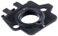 Element odległościowy wykaszarki Husqvarna 345Fxt, wykonany z czarnego tworzywa sztucznego. Produkt leży w poziomie, z widocznym okrągłym otworem centralnym i dwoma mniejszymi otworami po bokach. Gładka powierzchnia bez wzorów.