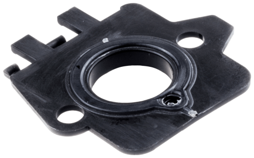 Element odległościowy wykaszarki Husqvarna 345Fxt, wykonany z czarnego tworzywa sztucznego. Produkt leży w poziomie, z widocznym okrągłym otworem centralnym i dwoma mniejszymi otworami po bokach. Gładka powierzchnia bez wzorów.