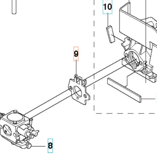 Metalowy, srebrny element odległościowy wykaszarki Husqvarna 345Fxt, prostokątny, z widocznym mocowaniem, detalami i numerami części 8 i 9, pionowo z szczelinami montażowymi.