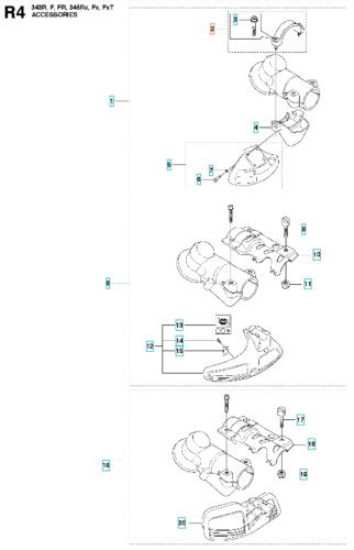 Zacisk wykaszarki Husqvarna 345Fxt metalowy, srebrny, widoczny z boku, leżący, z miejscami mocowania i logotypem na jednolitym tle.