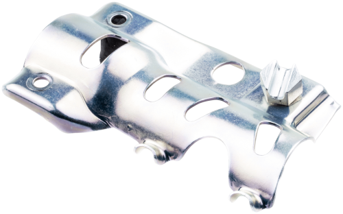 Metaliczna płyta przystawki wykaszarki Husqvarna 345Fxt z otworami montażowymi, widok boczny. Leży płasko na czarnym tle, przeznaczona do urządzeń ogrodniczych.