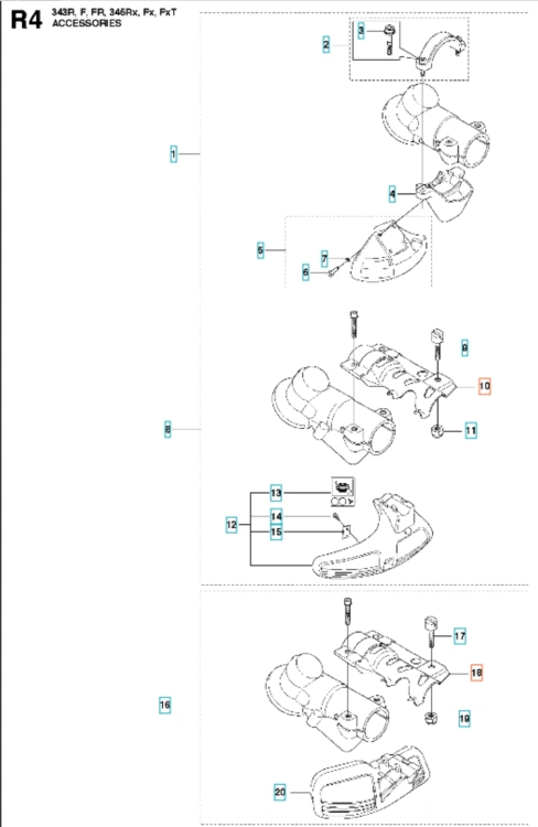 Szara plastikowa płyta przystawki wykaszarki Husqvarna 345Fxt, leżąca, widok z boku, z detalami mocowania i logo na białym tle.