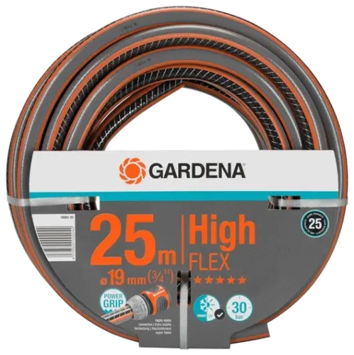Wąż ogrodowy Gardena Comfort HighFlex 25 m, średnica 19 mm, szaro-pomarańczowy, z logo i oznaczeniem High FLEX, odporny na zginanie, widok frontalny, złożony na etykiecie.