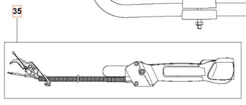 Uchwyt przepustnicy do wykaszarki Husqvarna 345Fxt. Produkt widoczny z boku, z metalowymi elementami mocującymi. Zawiera elastyczną linkę oraz ergonomiczny uchwyt, idealny do precyzyjnego sterowania urządzeniem. Brak dodatkowych akcesoriów w tle.