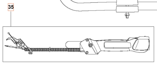 Uchwyt przepustnicy do wykaszarki Husqvarna 345Fxt. Produkt widoczny z boku, z metalowymi elementami mocującymi. Zawiera elastyczną linkę oraz ergonomiczny uchwyt, idealny do precyzyjnego sterowania urządzeniem. Brak dodatkowych akcesoriów w tle.