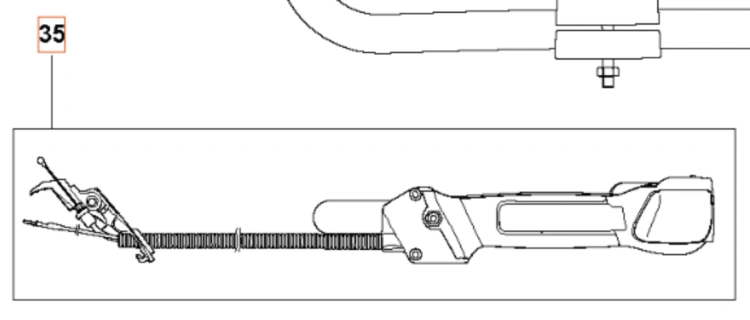 Uchwyt przepustnicy do wykaszarki Husqvarna 345Fxt. Produkt widoczny z boku, z metalowymi elementami mocującymi. Zawiera elastyczną linkę oraz ergonomiczny uchwyt, idealny do precyzyjnego sterowania urządzeniem. Brak dodatkowych akcesoriów w tle.