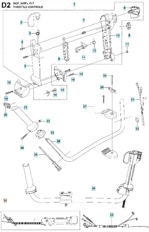Uchwyt przepustnicy do wykaszarki Husqvarna 345Fxt, prezentowany z boku, w pozycji złożonej. Część ciemnoszara, wytrzymała, z widocznymi detalami mocowania i ergonomicznie uformowanym uchwytem. Tło jednolite, białe. Wymiary i napisy nieczytelne.