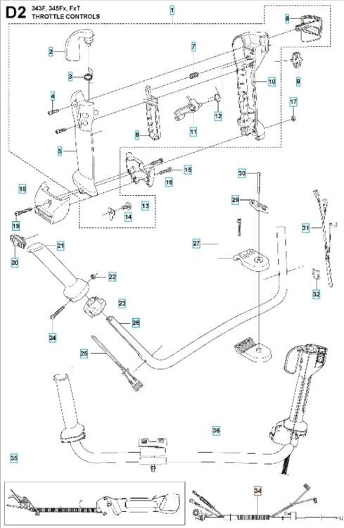 Schemat instalacji elektrycznej wykaszarki Husqvarna 345Fxt. Z boku, widoczny uchwyt z przyciskami, metalowa rama i przewody. Detale: mocowania, elementy przełączników, złącza. Tło białe, dla lepszej widoczności wszystkich komponentów.