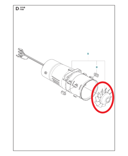Wirnik dmuchawy 120iB Husqvarna, kolor szary, wykonany z tworzywa sztucznego, o kształcie cylindrycznym z ząbkami na obwodzie. Ujęcie w zbliżeniu na detal wirnika, z wyraźnymi mocowaniami. Produkt przedstawiony na jednolitym tle.