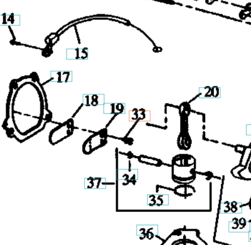 Śruba wykaszarki Husqvarna 32RL/CC2126, metalowa, o cylindrycznym kształcie. Widoczna na zarysie diagramu z numerem 33, w położeniu płaskim. Tło białe z rysunkiem technicznym, szczegóły pozostałych elementów mocowania.