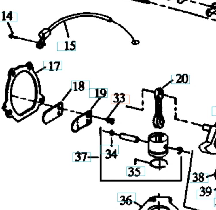 Śruba wykaszarki Husqvarna 32RL/CC2126, metalowa, o cylindrycznym kształcie. Widoczna na zarysie diagramu z numerem 33, w położeniu płaskim. Tło białe z rysunkiem technicznym, szczegóły pozostałych elementów mocowania.