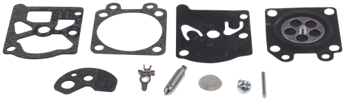 Zestaw naprawczy gaźnika do wykaszarek 32 R Husqvarna. Na czarnym tle widoczne elementy: uszczelki, membrany, metalowy zaworek oraz mocowania. Ułożone płasko obok siebie, różne kształty i rozmiary; niektóre z wycięciami dla lepszego dopasowania.