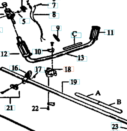 Schemat zacisku wykaszarki 32 R Husqvarna, pokazujący metalowy, zakrzywiony element z oznaczonymi numerami części jak wkręty i mocowania na białym tle, ukazujący detale konstrukcyjne.