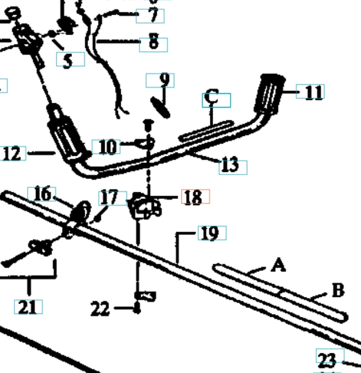 Schemat zacisku wykaszarki 32 R Husqvarna, pokazujący metalowy, zakrzywiony element z oznaczonymi numerami części jak wkręty i mocowania na białym tle, ukazujący detale konstrukcyjne.