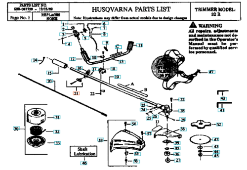Zespół uchwytu wykaszarki 32 R Husqvarna, widok z góry, w rozłożeniu. Elementy metalowe w kolorze srebrnym, uchwyt w czarnym kolorze. Widoczne mocowania, wałek oraz detale montażowe. Proste tło, co ułatwia zauważenie kluczowych elementów.
