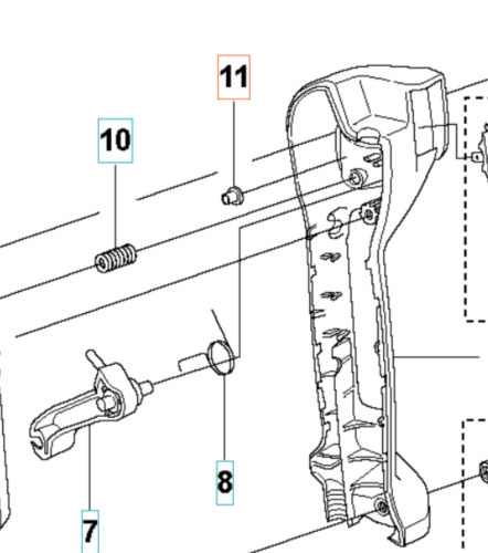 Tuleja wykaszarki 355Fxt Husqvarna w kolorze szarym, z wyraźnymi detalami mocowania i przycisku, prezentowana w zbliżeniu z boku. Widoczne otwory montażowe oraz logo marki. Kąt ujęcia uwypukla kształt i teksturę produktu, na białym tle.