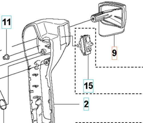 Schemat osłony wykaszarki 343FRM Husqvarna z widokiem frontalnym i oznaczeniem uchwytu, przycisku oraz mocowań na białym tle bez dodatkowych detali.