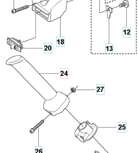 Uchwyt wykaszarki 355Fxt Husqvarna w kolorze szarym, o cylindrycznym kształcie, pokazany w widoku z boku. Widoczne elementy montażowe i mocowania, w tym śruby. Produkt jest gotowy do użycia, z detalami oznaczeń i numerów identyfikacyjnych.