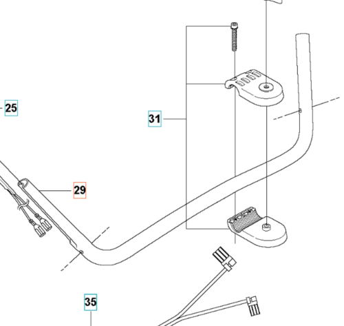 Metalowy uchwyt wykaszarki Husqvarna 355Fxt/545FXT w kształcie łuku, z widocznymi mocowaniami, zbliżenie na detale, elementy elektroniki i oznaczenia. Białe tło.