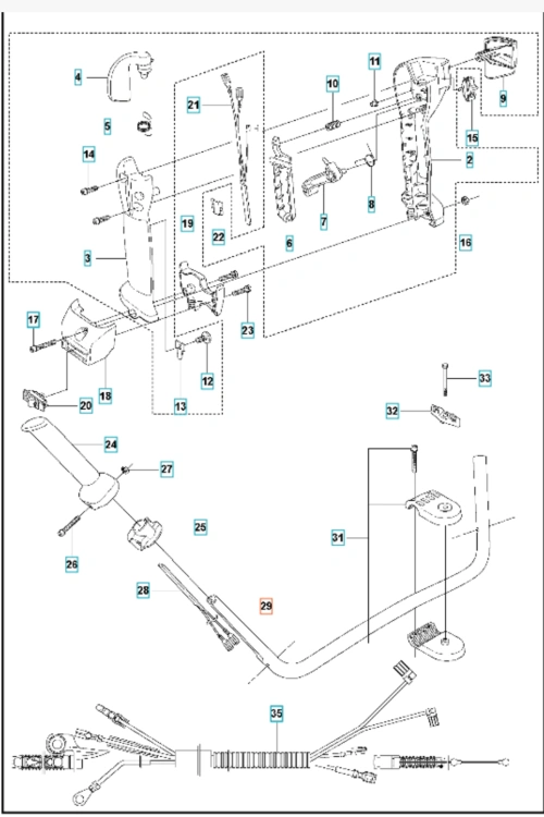 Czarny metalowy uchwyt wykaszarki Husqvarna 355Fxt/545FXT z ergonomicznym chwytem, widok frontalny na białym tle, z widocznymi mocowaniami i detalami montażowymi.