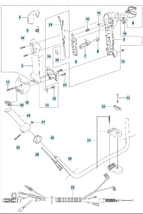 Instalacja elektryczna wykaszarki Husqvarna 355Fxt z uchwytem, przewodami i obudową, pokazana z boku na jasnym tle, ukazująca detale montażowe i rozmieszczenie elementów.