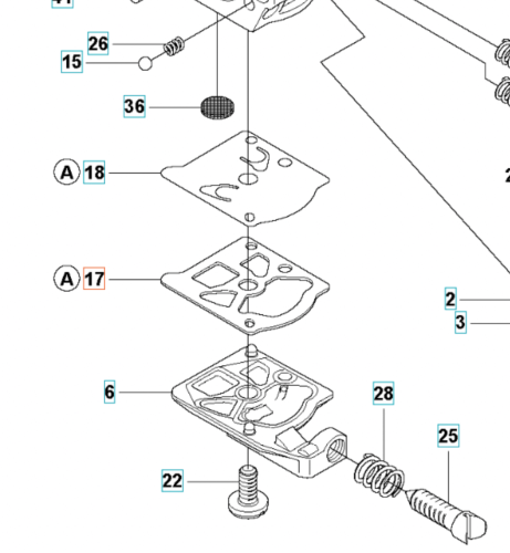 Uszczelka wykaszarki Husqvarna, z diagramu części, w układzie z widocznymi elementami, takimi jak złożone warstwy i mocowania. Przedstawiona w perspektywie z góry, na prostym tle, ukazuje detale i oznaczenia numeryczne komponentów.
