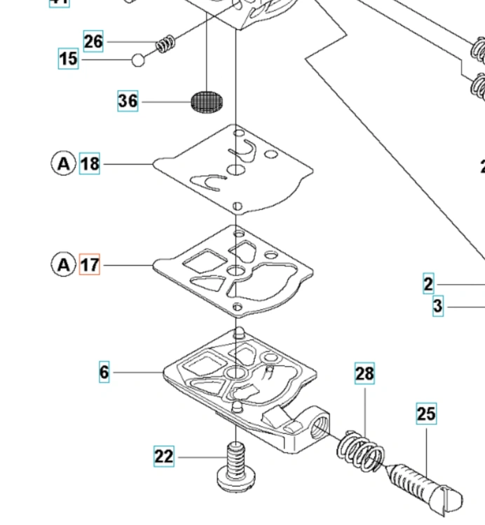 Uszczelka wykaszarki Husqvarna, z diagramu części, w układzie z widocznymi elementami, takimi jak złożone warstwy i mocowania. Przedstawiona w perspektywie z góry, na prostym tle, ukazuje detale i oznaczenia numeryczne komponentów.