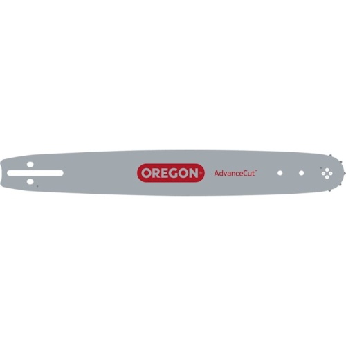 Prowadnica 18”, w kolorze szarym, wykonana z metalu, z widocznym czerwonym logo OREGON oraz napisem AdvanceCut. Ujęcie frontalne, produkt leży na jednolitym tle. Wymiary oraz otwory montażowe są widoczne.