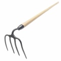 Widły 4-zębowe z czarnymi stalowymi zębami i gładkim, jesionowym styliskiem. Ergonomiczne, trwałe, do użytku ogrodowego, na białym tle.