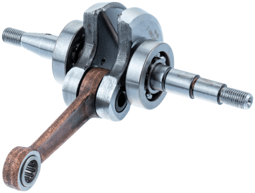 Wał korbowy pilarki Husqvarna 130, 135 Mark II, metaliczny z rdzą, z boku na ciemnym tle. Stalowy, z dwoma wałkami, przegubem kulowym i łożyskami dla lepszej pracy.