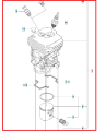 Cylinder do pilarki Husqvarna 450, widok z przodu. Pionowy układ silnika z tłokiem, cylindrem i głowicą. Numeracja części i mocowania. Białe tło podkreśla kontury komponentów.