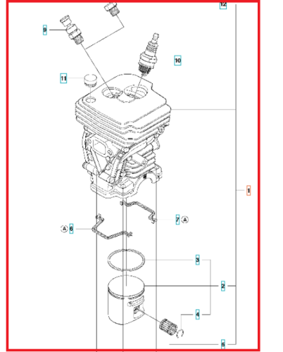 Cylinder do pilarki Husqvarna 450, widok z przodu. Pionowy układ silnika z tłokiem, cylindrem i głowicą. Numeracja części i mocowania. Białe tło podkreśla kontury komponentów.