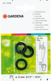 Uszczelka płaska Gardena w zestawie, 3 sztuki. Czarny kolor, okrągły kształt, wykonane z gumy. Produkt pakowany w przezroczysty blister z grafiką na zielonym tle, widoczne informacje o wymiarach: 21 mm. Ułożone w pozycji leżącej.