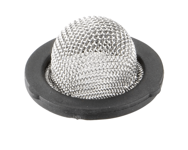 Metalowe okrągłe sitko do sterowników nawadniania i hydroforów z siatkowym wkładem i czarnym gumowym brzegiem. Ujęcie z góry, produkt poziomo na białym tle, widoczne precyzyjne detale materiału i kształtu.