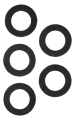 Uszczelka 1/2 w kolorze czarnym, zestaw pięciu sztuk. Widok frontalny, uszczelki leżą płasko obok siebie. Wykonane z elastycznego materiału, okrągłe, z gładką fakturą, bez widocznych logotypów lub napisów.