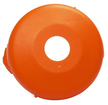 Pokrywa do kasety z żyłką, okrągła, pomarańczowa, plastikowa z centralnym otworem i bocznymi mocowaniami, widok z góry, gładka powierzchnia, akcesorium do narzędzi ogrodowych.