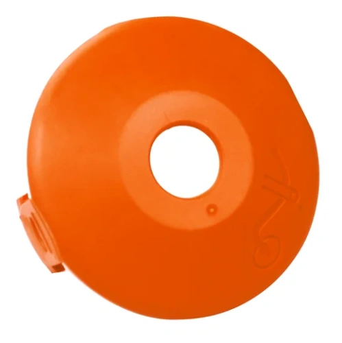 Pokrywa do kasety z żyłką w intensywnym pomarańczowym kolorze, o okrągłym kształcie z wycięciem w centralnej części. Widoczny element mocujący z boku. Produkt leży płasko na jednolitym tle, co eksponuje jego detale.