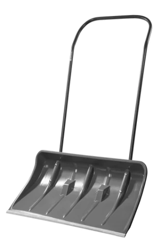 Szufla do śniegu Gardena ClassicLine w kolorze szarym, wykonana z trwałego metalu. Ujęcie frontalne przedstawia długi, ergonomiczny uchwyt oraz szeroką, głęboką łopatę z trzema wyprofilowanymi żeberkami. Idealna do usuwania śniegu.