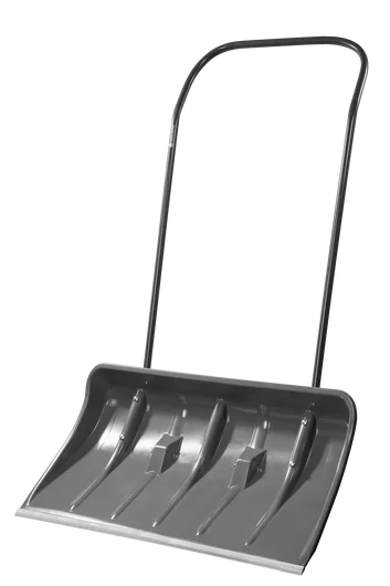 Szufla do śniegu Gardena ClassicLine w kolorze szarym, wykonana z trwałego metalu. Ujęcie frontalne przedstawia długi, ergonomiczny uchwyt oraz szeroką, głęboką łopatę z trzema wyprofilowanymi żeberkami. Idealna do usuwania śniegu.