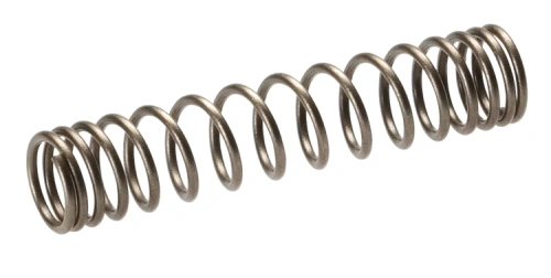 Sprężyna do sekatorów w kolorze metalicznym, z gładką teksturą, o spiralnym kształcie. Widoczna w ujęciu frontalnym, leżąca na jasnym tle. Długość sprężyny pozwala na łatwe dopasowanie do urządzenia.