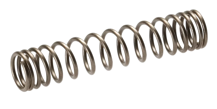 Sprężyna do sekatorów w kolorze metalicznym, z gładką teksturą, o spiralnym kształcie. Widoczna w ujęciu frontalnym, leżąca na jasnym tle. Długość sprężyny pozwala na łatwe dopasowanie do urządzenia.