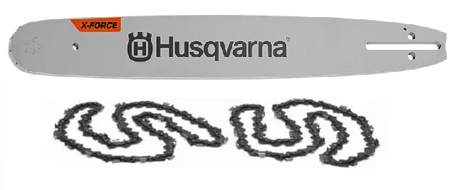 Zestaw prowadnicy 15'' (.325/1,3mm) Pixel w kolorze srebrnym z logo Husqvarna, w pozycji leżącej, z dwoma czarnymi łańcuchami umieszczonymi obok. Widoczny jest napis „X-FORCE” na górnej części prowadnicy. Produkt ukazany na jednolitym tle.