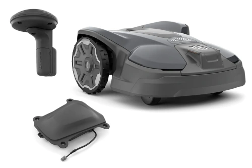 Automower®320 NERA, szary robot koszący z akcesoriami instalacyjnymi EPOS. Widoczny bok z detalami kół i obudowy oraz element montażowy na neutralnym tle.