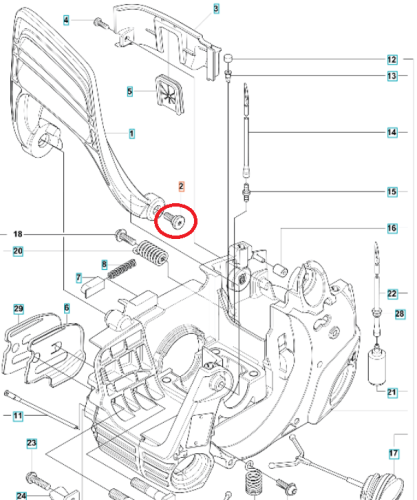 Śruba dźwigni hamulca do pilarki Husqvarna 120 MARK II, 130, 135 MARK II, wykonana z metalu, ma okrągły kształt i gwintowane wykończenie. Widoczna z boku, zamontowana w mechanizmie, w otwartym układzie rysunku technicznego, na jasnym tle.