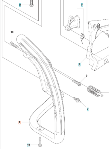 Uchwyt podtrzymujący pilarki Husqvarna, w kształcie ergonomicznym, z metalicznym wykończeniem. Widoczne mocowania i śruby, w pozycji stojącej. Elementy są skonstruowane do montażu, pokazujące detale przyłączeniowe i mocujące.