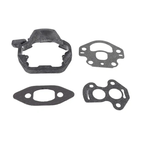 Zestaw czarnych uszczelek do gaźnika pilarki Husqvarna 120 Mark II, wykonanych z gumy i kompozytów, o kształtach dopasowanych do gaźnika z różnymi otworami, ułożonych na neutralnym tle.