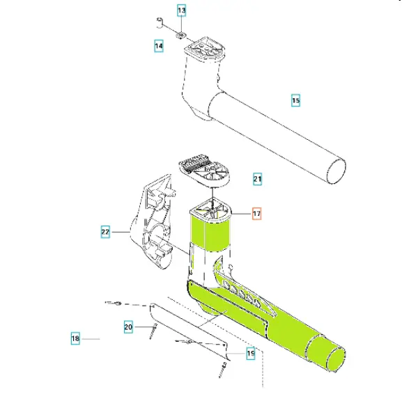 Wspornik uchwytu wykaszarki 343 R Husqvarna w kolorze zielonym z widocznymi detalami montażowymi. Elementy są rozłożone na białym tle, ukazując początkową sekcję oraz uchwyt do mocowania. Zdjęcie uchwyca konstrukcję i mechanizmy bez oceny.