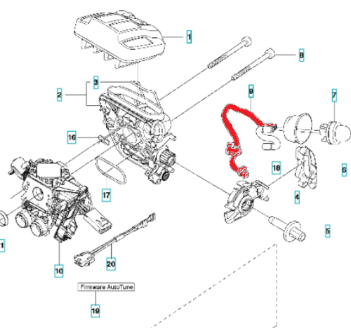 Czerwony przewód paliwa do pilarek Husqvarna 545, 550XP, 555, z unikalnym kształtem i końcówkami, zamontowany w silniku. Obraz pokazuje detal połączenia na białym tle w układzie technicznym.