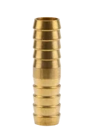 Reparator mosiężny do węży 1/2, o cylindrycznym kształcie, wykonany z mosiądzu, z wyraźnymi żłobieniami. Produkt stoi w pozycji pionowej na białym tle, co podkreśla jego szczegóły konstrukcyjne. Brak widocznych napisów lub logo.