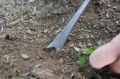 Narzędzie Krumpholz z trójkątnym metalowym ostrzem wbite w ziemię. Ręka trzyma liść, co wskazuje na usuwanie chwastów. Tło to gleba z drobnymi kawałkami roślin.